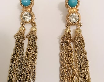 Lilly Pulitzer Chandelier Earrings: Faux Turquoise, Rhinestones, Gold Tone Tassels, Preppy, Palm Beach