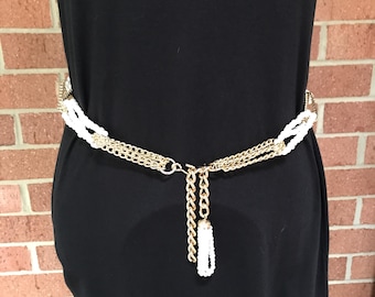 Vintage Gold Chain & Faux Pearl Belt, Tassel Detail, Elegant Waist Jewelry