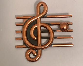 Vintage Renoir Copper Brooch: Musical Staff Treble Clef Pin, Signed Renoir Jewelry Pin