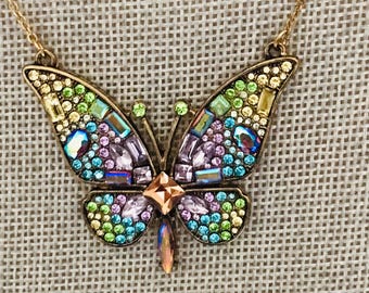 Betsey Johnson Butterfly Necklace  - Crystal Pendant - Gold Tone - Colorful Rhinestone  - Statement Jewelry