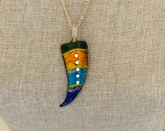 Art Glass Horn Pendant Necklace  - Colorful Italian Style  - Murano Inspired Statement Necklace