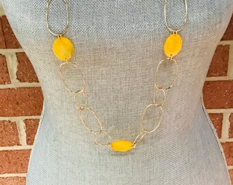 Vintage Beaded Necklace:  Gold Tone & Translucent Yellow Boho Discs - Signed by Rachel