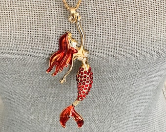 Betsey Johnson Necklace –Mermaid Pendant, Orange/Red/Gold-Tone, Statement Fashion Jewelry