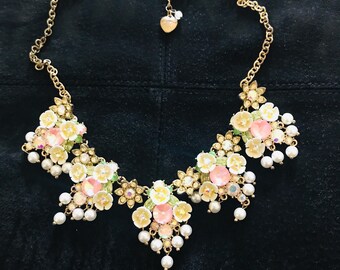 Betsey Johnson Floral Statement Necklace Pastel Flowers,  Rhinestones, Faux Pearl Bib Necklace Cottage core Romantic Jewelry