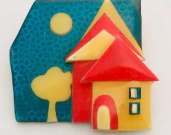Vintage Signed Lucinda House Pin – Vintage Handmade Collage Brooch, Collectible Jewelry
