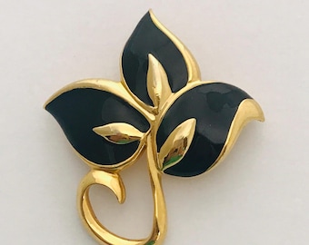 Vintage Black Enamel Leaf Brooch, Gold Tone Botanical Pin, Elegant Nature Inspired Jewelry