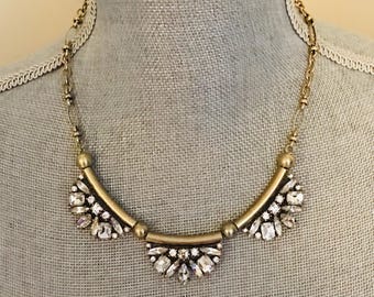 Banana Republic Rhinestone Statement Necklace – Antique Gold Tone Bar – Crystal Cluster Bib Necklace