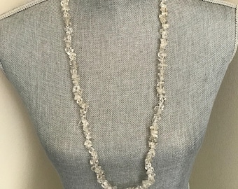 Vintage Clear Glass Chip Necklace-  Long Rock Crystal Style Beaded Strand  - Boho Minimalist