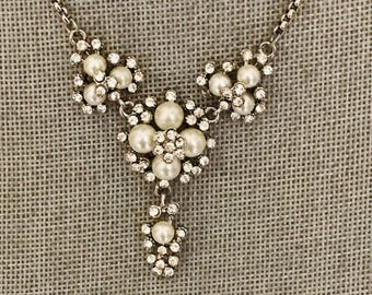 Coach Faux Pearl Rhinestone Necklace - Silver Tone  - Crystal Statement Bib Necklace
