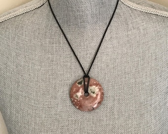 Pink Stone Donut Pendant Necklace Adjustable Cord Natural Gemstone Circle Pendant Boho Jewelry