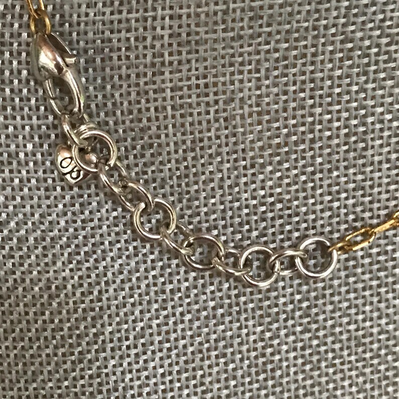 Puede incluir: Una cadena extensora de collar en metal plateado con eslabones circulares y un cierre de mosquet&oacute;n. Un peque&ntilde;o dije en forma de coraz&oacute;n est&aacute; unido cerca del cierre, grabado con las letras CB. La cadena se conecta a un segmento de cadena dorado.