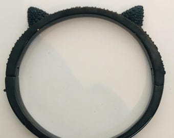 Vintage Signed Kate Spade Black Cat Bangle Bracelet: Pave Crystal Ears