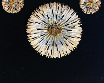 Park Lane Starburst Brooch & Earrings Set in Gold Silver Tones - Rhinestone Vintage Mid Century  Style