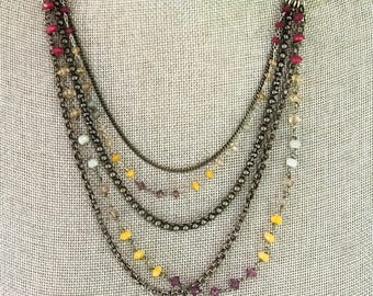 Fossil Layered Necklace Gunmetal Chain Multi Color Crystal Beads Boho Statement Necklace Lock and Key Charm