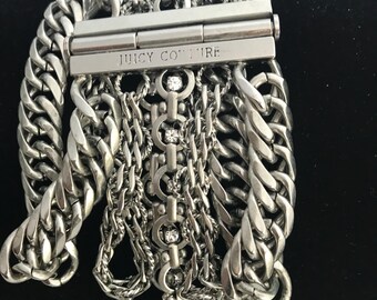 Juicy Couture Signed Bracelet, Multi Layered Chains, Brutalist, Boho, Rhinestone Metal Cuff, Rare