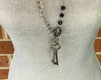 Fossil Key Necklace - Dark Silver Tone Skeleton Keys - Dark Beads -  Long Vintage Style Charm Necklace