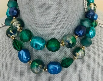 Vintage CORO Blue Green Double Strand Beaded Necklace  - Mid Century Statement Jewelry