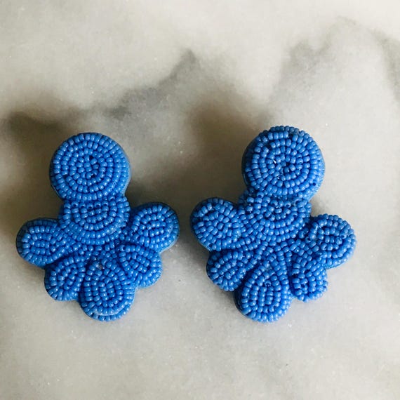 J.Crew Signed Blue Beaded Statement Earrings, See… - image 1