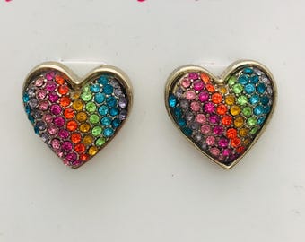 Betsey Johnson Rainbow Heart Rhinestone Earrings Colorful Crystal Stud Earrings
