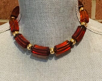 Vintage Napier Necklace: MCM Chunky Cognac Beads, Gold Tone