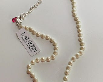 Ralph Lauren Faux Pearl Necklace - Individually Knotted,  Original Tag, Equestrian Style Hardware
