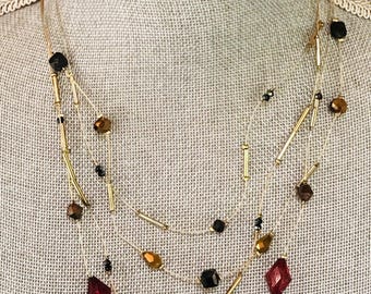 Chicos Multi Strand Floating Bead Necklace Gold Tone Black Amber Red Faceted Glass Statement Necklace