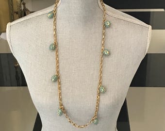 Vintage Faberge-style C. Wonder Necklace: Faux Teal Fabergé Egg, Gold Tone Chain