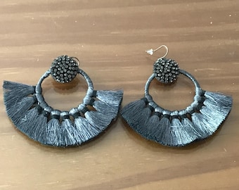 Slate Gray Tassel Earrings Rhinestone Statement Earrings Fringe Hoop Earrings Boho Glam Earrings
