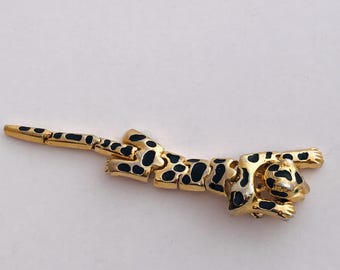 Vintage Jaguar Panther Tiger Articulated Brooch - Black Enamel on Gold Tone Setting and Green Eyes