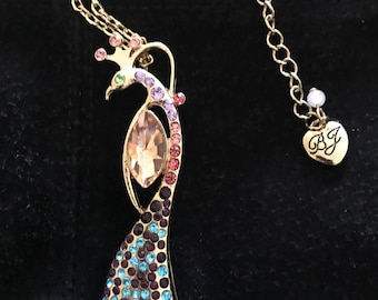 Betsey Johnson Peacock Necklace Colorful Rhinestone Bird Pendant Long Gold Tone Chain Statement Jewelry