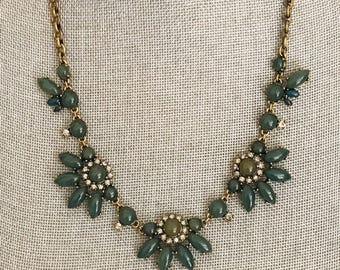 J. Crew Green Teal Floral Statement Necklace - Antique Gold Tone Chain - Rhinestone Designer Necklace