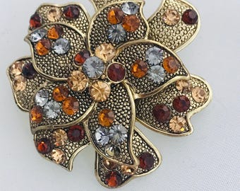 Vintage Floral Brooch: Textured Petals, Multi-Colored Stones. Earth Tones. Signed LC