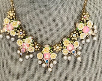 Betsey Johnson Floral Statement Necklace Pastel Flowers,  Rhinestones, Faux Pearl Bib Necklace Cottage core Romantic Jewelry
