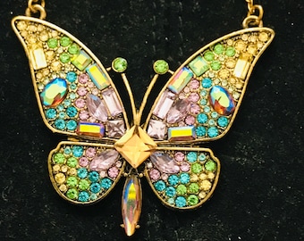 Betsey Johnson Butterfly Necklace  - Crystal Pendant - Gold Tone - Colorful Rhinestone  - Statement Jewelry