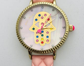 Betsey Johnson Hamsa Hand Watch - Pink Quilted Strap - Rhinestone Boho Wristwatch - New Battery
