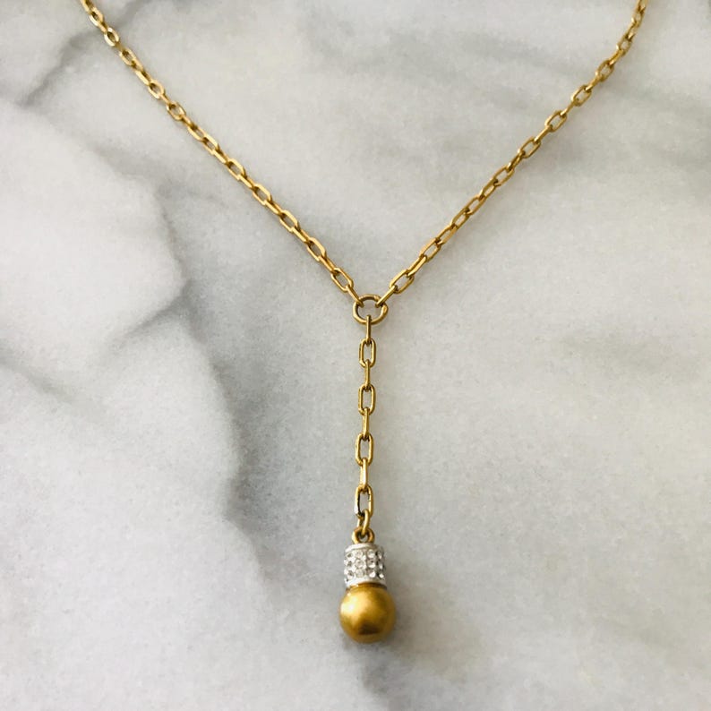 Brighton Gold Tone Y Necklace Rhinestone Pearl Drop Pendant Necklace Dainty Elegant imagen 1