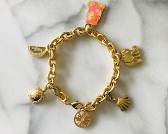 Lilly Pulitzer Chunky Gold Tone Charm Bracelet with 6 Charms