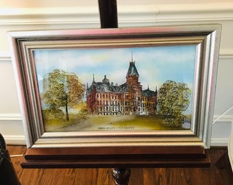 Vintage Ohio State University Églomisé Art: Reverse Painting on Glass, Gold/Silver Leaf Frame