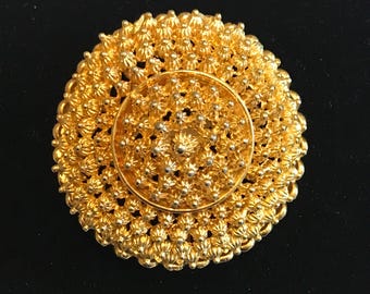 Vintage Coro Gold Tone Filigree Brooch - Round Floral Dome Statement Pin