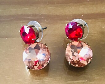 J. Crew Drop Earrings: Pink and Red Stones set in Gold Tone. Signed.