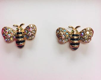 Betsey Johnson Bumble Bee Earrings: Gold Tone Aurora Borealis AB Crystal Wings, Discontinued Style, Collectible