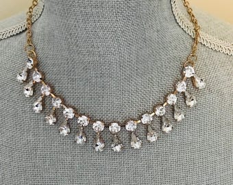 Vintage Rhinestone Necklace  - Gold Tone Teardrop Crystal Bib Necklace - Evening, Bridal Glam