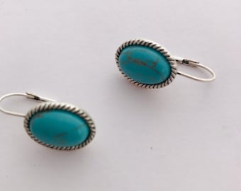 Ralph Lauren Southwestern Style Earrings - RLL Turquoise Style and Silver Tone Drop Pierced Earrings. Signed Ralph Lauren