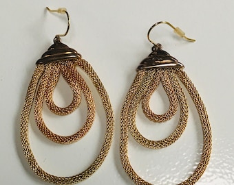 Ralph Lauren LRL Signed Gold Toned Dangling Three Layer Mesh Earrings.