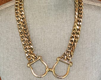Bold Equestrian Horse Snaffle Bit Statement Necklace  - Gold Tone Chunky Chain Necklace Heavy Bold Fashion Jewelry 328g