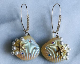 Betsey Johnson Seashell Earrings - Starfish Faux Pearl Rhinestones -  Beach Coastal Glam Dangle Earrings