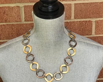 Vintage Two-Tone Chain Necklace: Silver & Gold Stainless Steel, 18in Length, Modernist, Minimalism