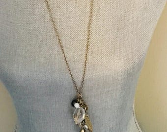 Vintage Long Charm Necklace - Gold Tone Crystal Bead Tassel Pendant - Statement Jewelry - Southwestern