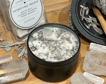 Sacred Sage Herbal Intention Crystal Candle | Ritual Altar Tool Crystal Stone Scented Soy Candle Gift Devotional Home Protection Smudge