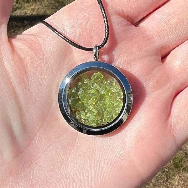 Peridot Pendant | Peridot Necklace | Peridot Jewelry | August Birthstone Floating Stainless Steel Locket | Natural Peridot Chips | Abundance